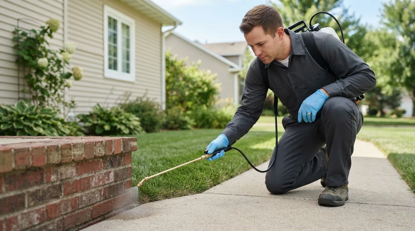 Pest control technician treating a home near Millville, MN